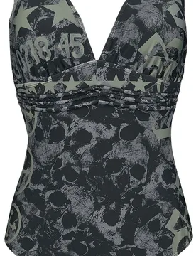 Rock Badeanzug - Schwarzer Badeanzug mit Skull-Muster und Prints - S bis XL - für Damen - Größe S - schwarz - Frauen - female - Rock Rebel by EMP - FashionsVida
