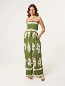Halter Neck Shirred Waist Jumpsuit - S/M / KHAKI - female - Blue Vanilla - FashionsVida