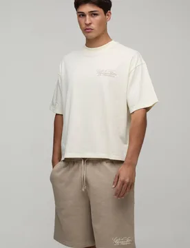 Men's Oversized Boxy Printed French Riviera T-Shirt & Baggy Short Set Ecru Size X-Small Ecru XS - boohooMAN - FashionsVida