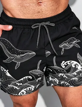 Bañador casual para hombre con estampado de tiburón & olas y cordón, para vacaciones - Shein - FashionsVida