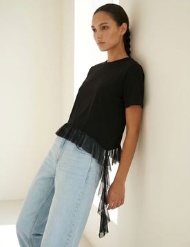 Blusa in cotone con volant asimmetrico in tulle - nero