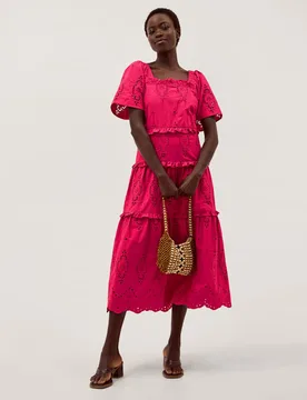 Pure Cotton Square Neck Cutwork Detail Midi Tiered Dress Pink female - Monsoon - FashionsVida