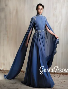 Blue Sparkly Beaded Evening Dress Stylish Cape Sleeve Mother Of Bride Dress Customized Modest High Collar Red Carpet Gowns - Aliexpress - FashionsVida