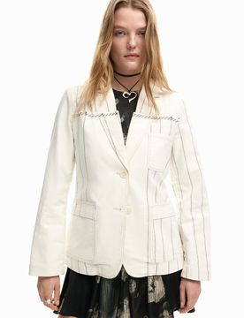 Americana rayas asimétrica, Mujer, Algodon, Blanco, XS