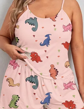 Conjunto de pijama lindo de talla grande para mujer en Pascua, conjunto informal de 2 piezas de talla grande con top de tirantes y shorts con estampad - Shein - FashionsVida