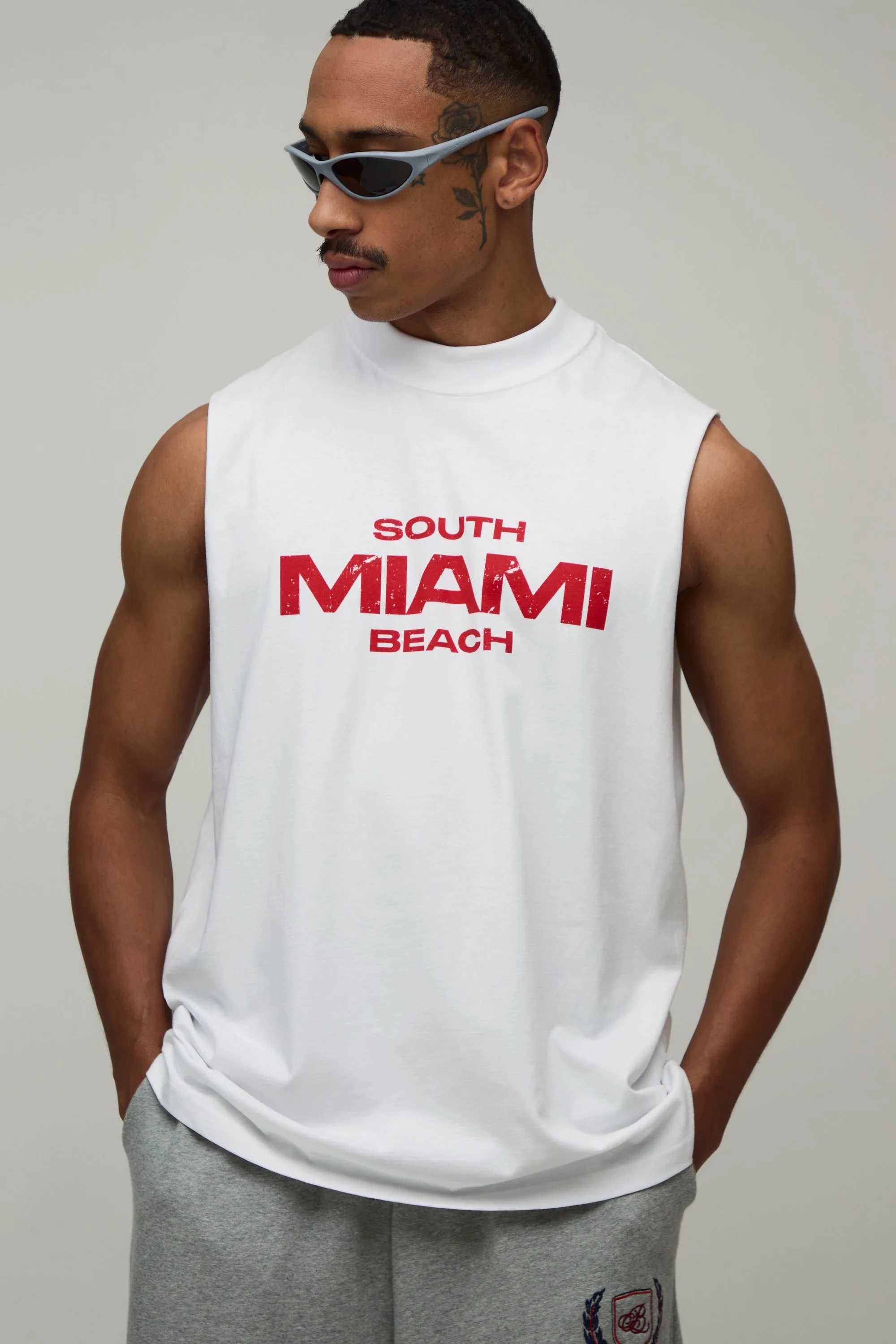 Mens White Oversized Miami Print Tank Cotton - Size Small - boohooMAN - FashionsVida