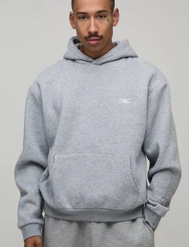 Men's Oversized Boxy Man Script Embroidered Hoodie Grey Marl Size Small Grey Marl S - boohooMAN - FashionsVida