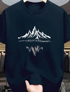 Camiseta de manga corta con cuello redondo y estampado de montaña estilizado, adecuada para uso en la calle, al aire uso diario casual, talla grande - Shein - FashionsVida