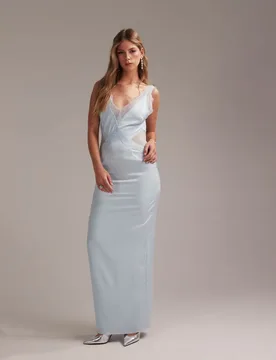 Womens Bridesmaids Plunge Neck Lace Detail Satin Column Maxi Dress In In Light Blue - Sky Blue - ASOS DESIGN - FashionsVida