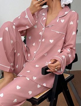 Piezas Conjunto de pijama de top de manga larga y pantalones con estampado de corazón de burbujas y arrugas, ropa de estar en casa para mujer, pijama