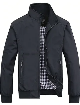 Chaqueta negra de primavera con cuello alto, bolsillo con cremallera y para deportes al aire libre para hombres - Shein - FashionsVida