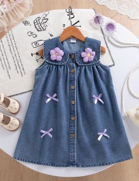 Vestido sin mangas con botones y decoración de lazo con flor 3D dulce y linda para niñas, adecuado para uso diario, al aire libre, vacaciones, fotog