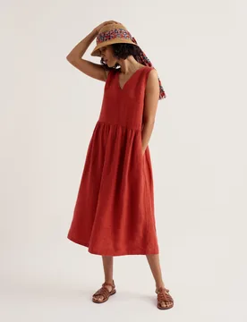 Pure Linen V-Neck Midi Waisted Dress Orange female - Seasalt cornwall - FashionsVida