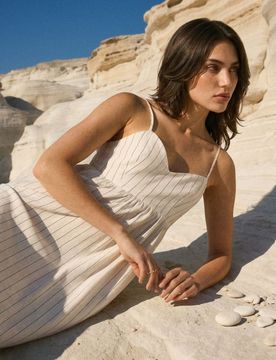 Abito maxi con spalline in viscosa e misto lino - multicolor
