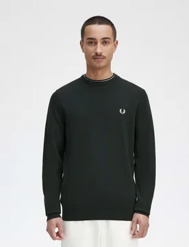 Maglia verde bosco girocollo in misto lana merino e cotone con logo bianco - Fred perry - FashionsVida