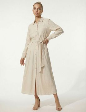 Abito camicia in viscosa con mix di lino - nude