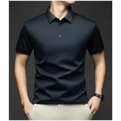 Men's Polo Shirts Short Sleeve Business Casual T Shirt Silk Cotton Classic Fit Striped Polo for Men Summer
