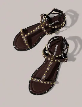 Sandalias planas para mujer con hebilla de tachuelas decorativas, sandalias romanas, esenciales de viaje, ropa de vacaciones, ropa de verano, zapatos - Shein - FashionsVida