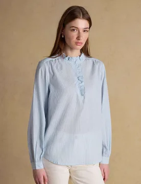 Pure Cotton Striped Ruffle Neck Blouse Blue Mix female - Joules - FashionsVida
