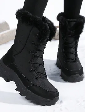 Botas de nieve de mujer con plataforma, suela superior de moda versátil, con ribete de piel grueso y cálido de alto contraste para el invierno - Shein - FashionsVida