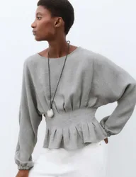 Textured Pleat Detail Blouson Sleeve Blouse Thunder female
