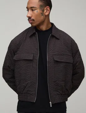 Men's Boxy Fit Textured Check Harrington Jacket Brown Size X-Small Brown XS - boohooMAN - FashionsVida