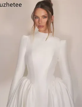 Mouzhetee A-Line Elegant O-Neck Satin Long Sleeve Pleat Wedding Dresses Simple Long Brides Gown Custom Made 2026 - Aliexpress - FashionsVida