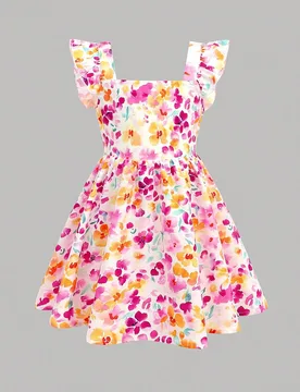 Vestido de verano blanco de hada para niñas jóvenes, primer cumpleaños, vacaciones, estampado floral pequeño, mangas volantes, lazo hueco en la es - Shein - FashionsVida