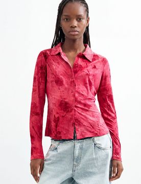 Camisa flocada, Mujer, Poliester, Rojo, XS