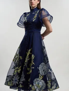 Women's Petite Botanical Embroidery Organdie Angel Sleeve Midi Dress in Navy Size: 8 - Navy - Size: 8 - Karen millen - FashionsVida