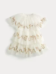Sequin Bow Tiered Dress (2-8 Yrs) Ecru female