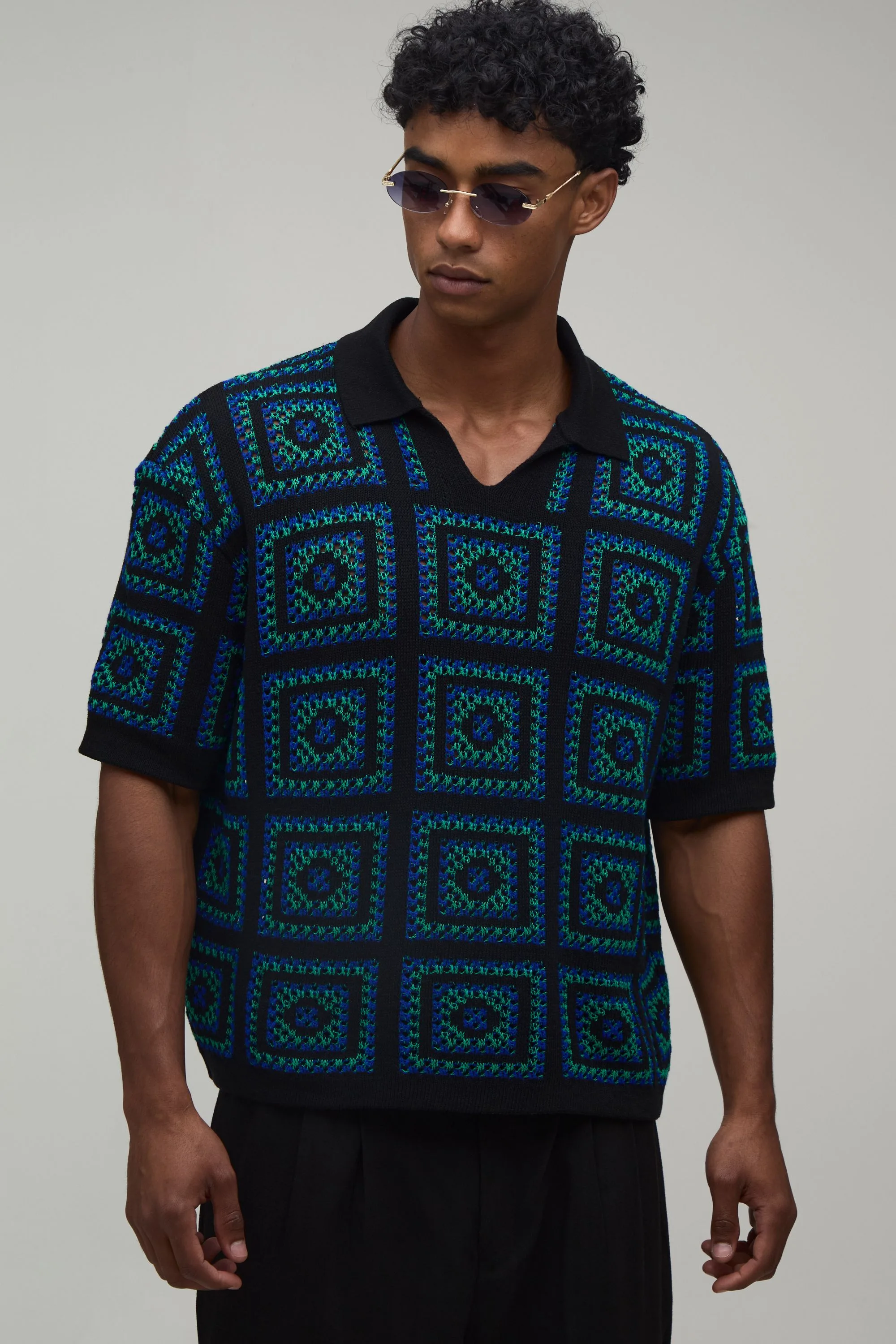 Mens Oversized Boxy Crochet Tapestry Knitted Polo - Green - Size Small - boohooMAN - FashionsVida