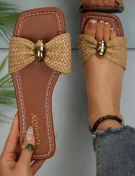 Zapatos elegantes para mujer Louis, sandalias planas de paja con adornos metálicos para damas, sandalias elegantes para mujer, diseño minimalista y - Shein - FashionsVida
