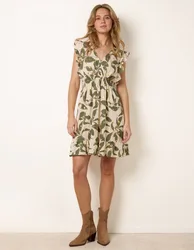 Tropical Print Wrap Over Mini Dress With Flutter Sleeve - XL / KHAKI - female