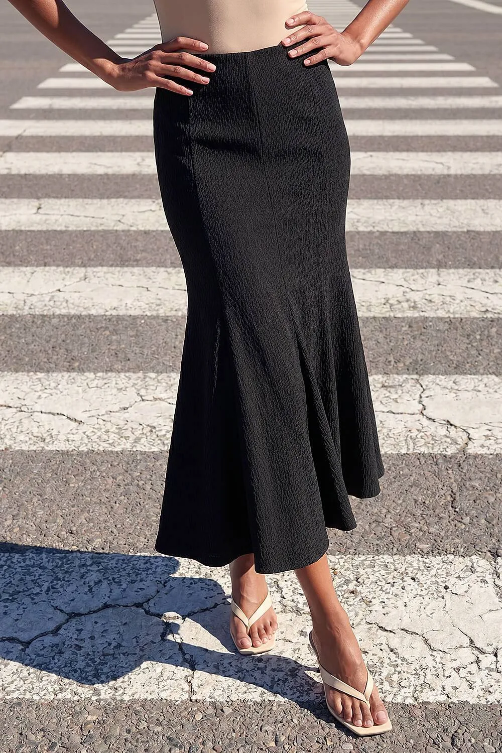 Textured Panel Stretch Maxi Skirt - Black - Size: 14 - Roman - FashionsVida