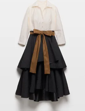 Vestido midi manga francesa con top blanco y falta negra - Woman Fiesta El Corte Inglés - FashionsVida