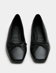Leather Bow Square Toe Flat Ballet Pumps Black female