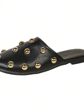 Zuecos de mujer con remaches vintage, estilo plano sin respaldo, tipo chanclas punk cómodas y versátiles para usar al aire libre, para looks de vera - Shein - FashionsVida