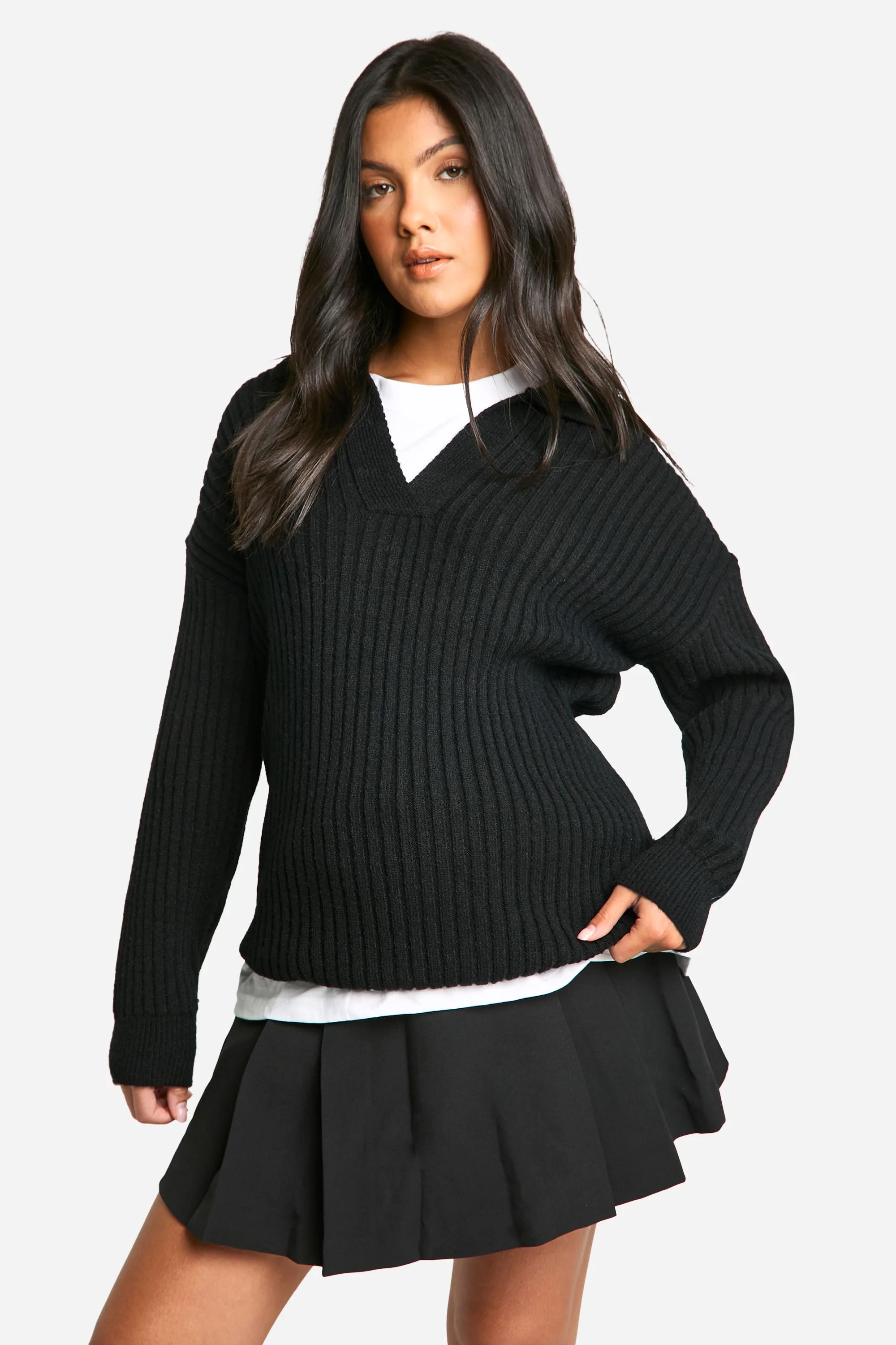 Womens Maternity Soft Wide Rib Knit Collared Jumper - Black Polyamide - Size Large - Boohoo - FashionsVida
