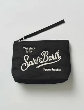 Pochette Aline nera in lino con scritta logo bianca ricamata - MC2 SAINT BARTH - FashionsVida