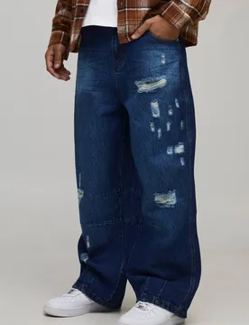 Men's Barrel Distressed Knee Rip Jeans Mid Blue Size 30R Mid Blue 30R - boohooMAN - FashionsVida