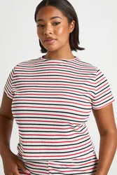Womens Plus Stripe Crew Neck Short Sleeve Top - Red - Size 24 Uk