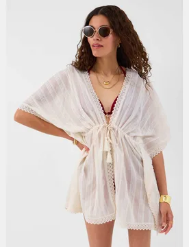 Cotton Rich Sparkly Lace Trim Mini Kaftan Ivory female - Accessorize - FashionsVida