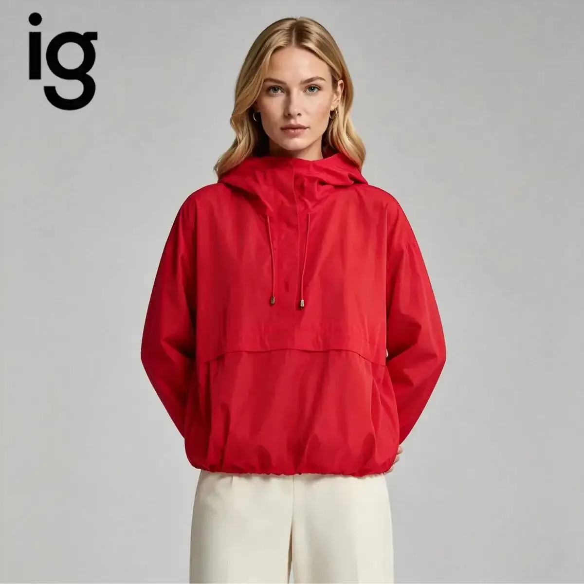 IG Women Red Cropped Hooded Anorak Jacket Half Zip Drawstring Hem Cuff Windproof Lightweight Pullover Windbreaker Oversized - Aliexpress - FashionsVida