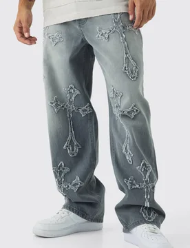 Herren Baggy Rigid Washed Grey Kreuz-Applikation Jeans Hosen Light Grey Größe 34R - boohooMAN - FashionsVida