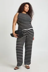 Womens Plus Crochet Stripe Knit Top And Wide Leg Co-Ord - Monochrome Multi Cotton - Size 28 Uk
