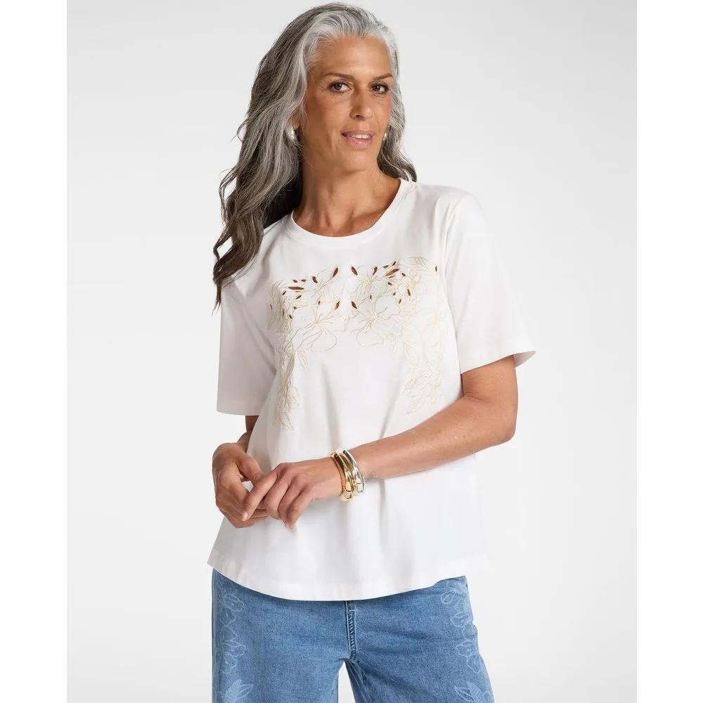 Camiseta de mujer con bordado floral y mangas cortas - Elena Miró - FashionsVida