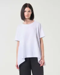 T-shirt bianca in popeline di cotone e jersey a maniche corte con fondo svasato e spacco sulla schiena