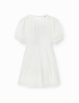 Robe courte broderie suisse, Coton, Blanc, XS
