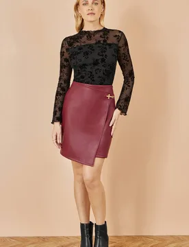 Women's Burgundy Faux Leather Wrap Mini Skirt Size: 10 - Burgundy - Size: 10 - Yumi - FashionsVida